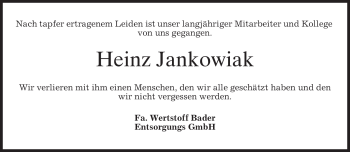 Traueranzeige von Heinz Jankowiak von MERKUR & TZ