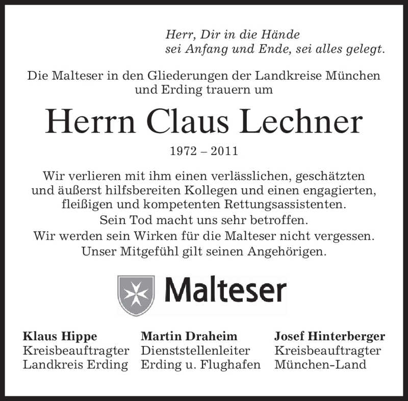 Traueranzeige für Claus Lechner vom 15.07.2011 aus MERKUR & TZ