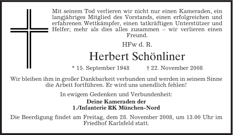  Traueranzeige für Herbert Schönliner vom 27.11.2008 aus MERKUR & TZ