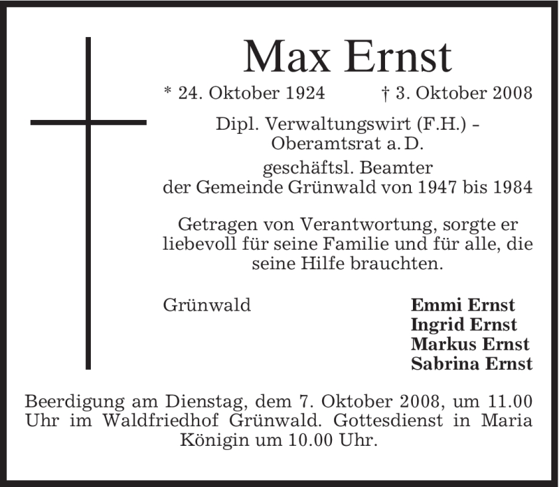  Traueranzeige für Max Ernst vom 04.10.2008 aus MERKUR & TZ