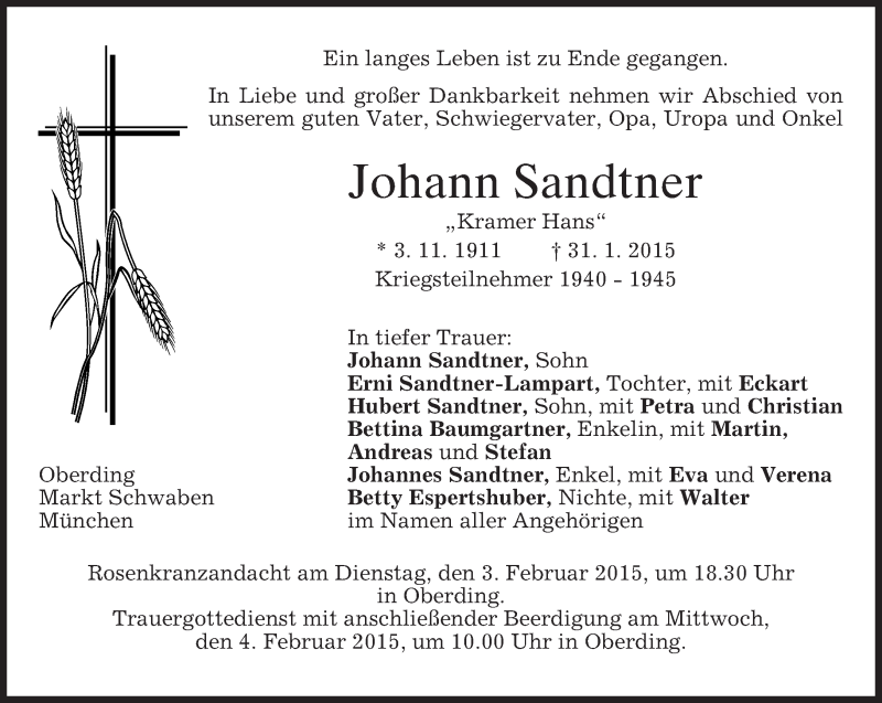  Traueranzeige für Johann Sandtner vom 02.02.2015 aus merkurtz