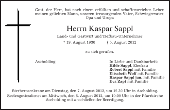 Traueranzeige von Kaspar Sappl von MERKUR & TZ