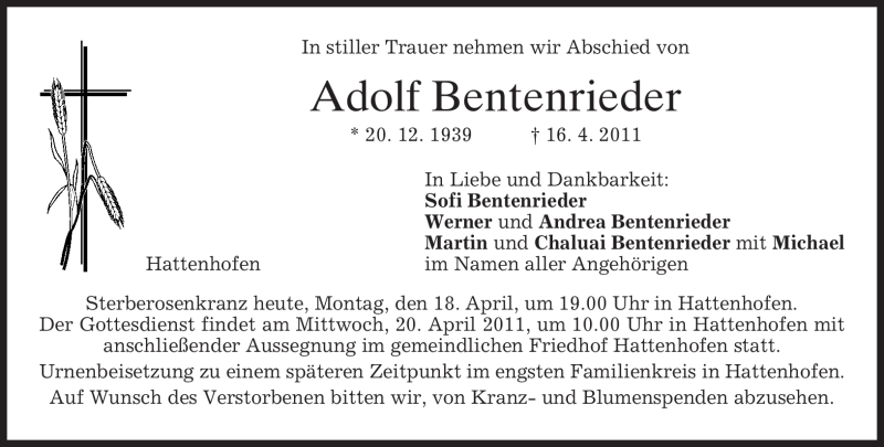  Traueranzeige für Adolf Bentenrieder vom 18.04.2011 aus MERKUR & TZ
