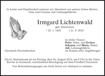 Traueranzeige von Irmgard Lichtenwald von MERKUR & TZ