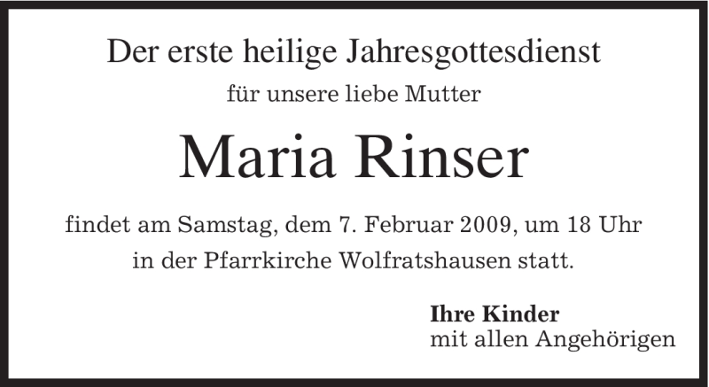  Traueranzeige für Maria Rinser vom 05.02.2009 aus MERKUR & TZ