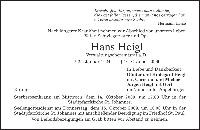  Traueranzeige für Hans Heigl vom 13.10.2009 aus MERKUR & TZ