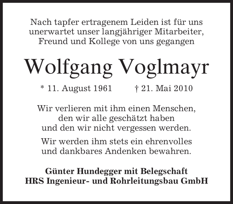  Traueranzeige für Wolfgang Voglmayr vom 26.05.2010 aus MERKUR & TZ