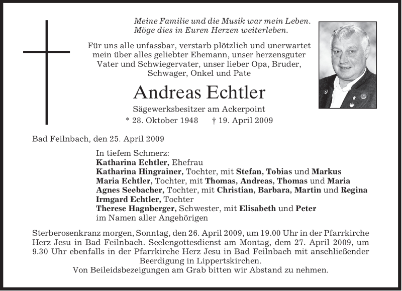  Traueranzeige für Andreas Echtler vom 25.04.2009 aus MERKUR & TZ