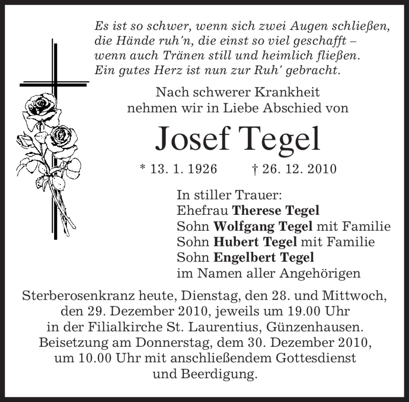  Traueranzeige für Josef Tegel vom 28.12.2010 aus MERKUR & TZ