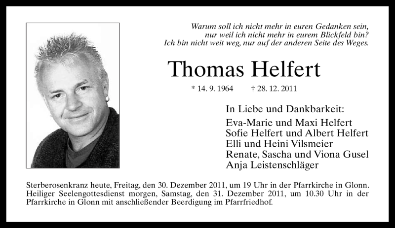  Traueranzeige für Thomas Helfert vom 30.12.2011 aus MERKUR & TZ