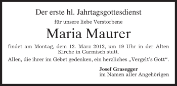 Traueranzeige von Maria Maurer von MERKUR & TZ