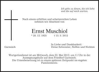 Traueranzeige von Ernst Muschiol von MERKUR & TZ
