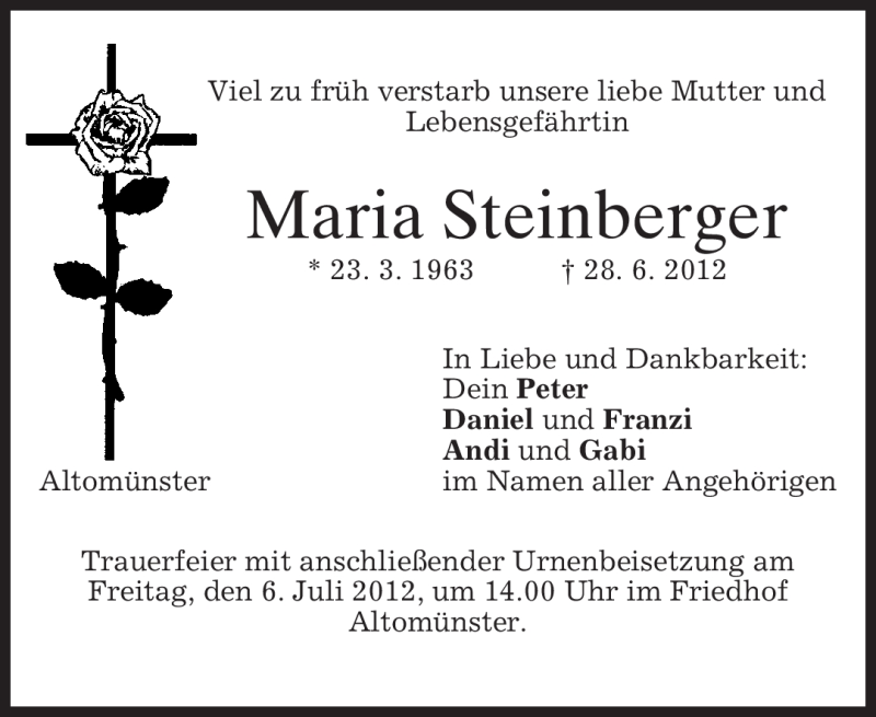  Traueranzeige für Maria Steinberger vom 04.07.2012 aus MERKUR & TZ
