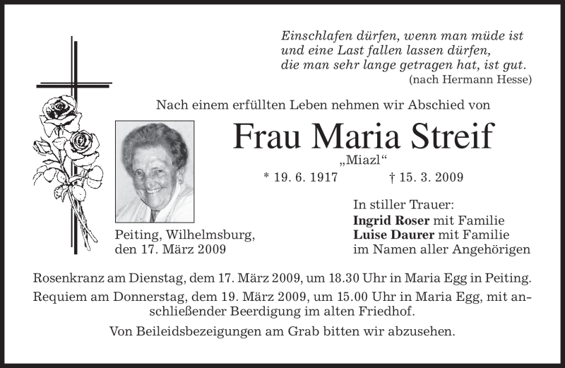  Traueranzeige für Maria Streif vom 17.03.2009 aus MERKUR & TZ