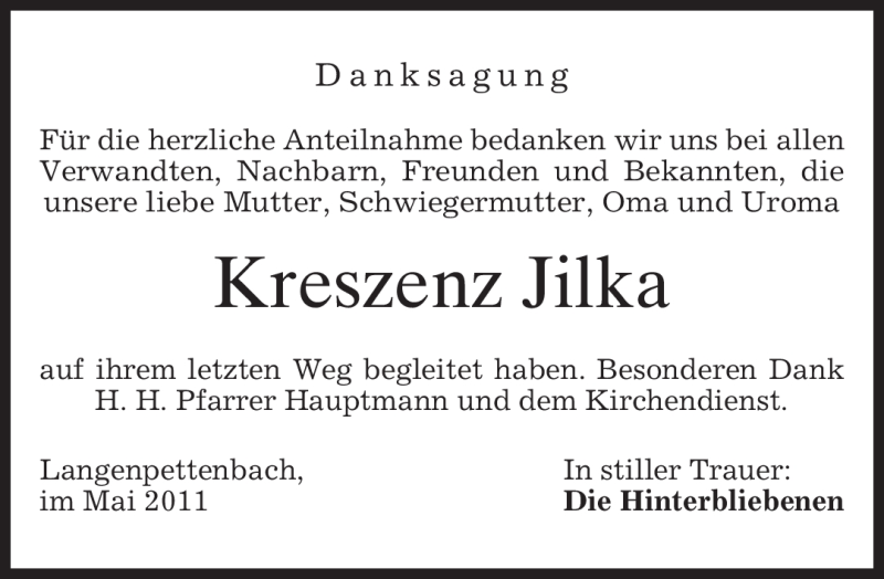  Traueranzeige für Kreszenz Jilka vom 28.05.2011 aus MERKUR & TZ
