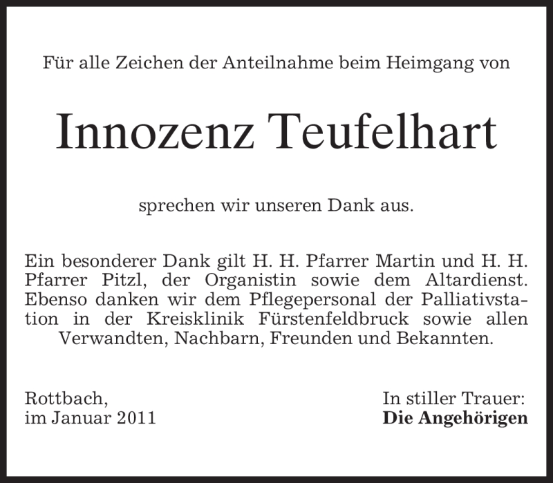  Traueranzeige für Innozenz Teufelhart vom 15.01.2011 aus MERKUR & TZ