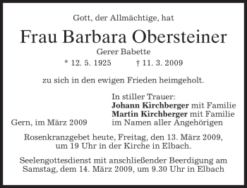 Traueranzeige von Barbara Obersteiner von MERKUR & TZ
