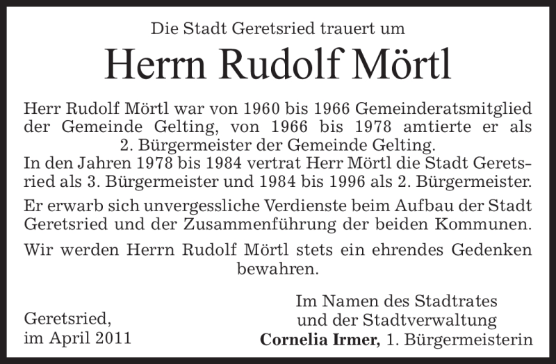  Traueranzeige für Rudolf Mörtl vom 12.04.2011 aus MERKUR & TZ