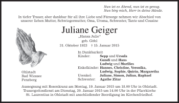 Traueranzeige von Juliane Geiger von merkurtz