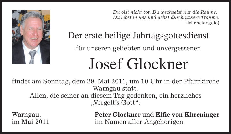  Traueranzeige für Josef Glockner vom 27.05.2011 aus MERKUR & TZ