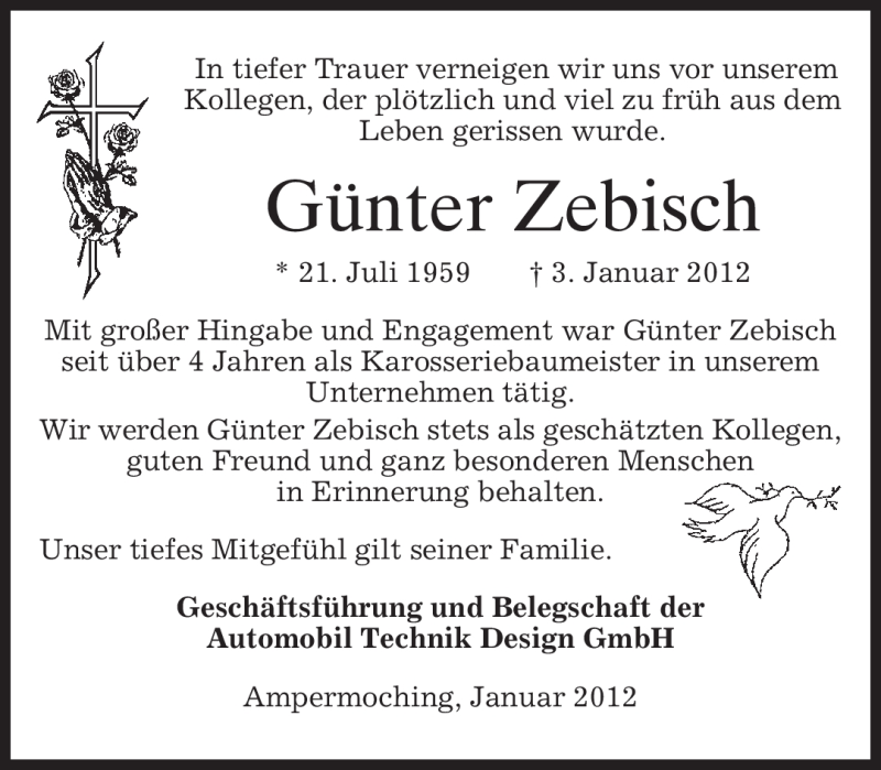  Traueranzeige für Günter Zebisch vom 10.01.2012 aus MERKUR & TZ