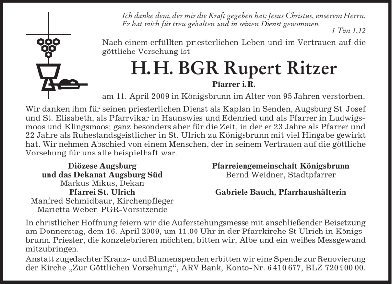  Traueranzeige für Rupert Ritzer vom 14.04.2009 aus MERKUR & TZ
