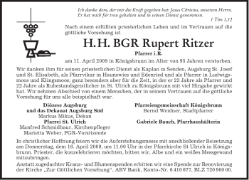 Traueranzeige von Rupert Ritzer von MERKUR & TZ