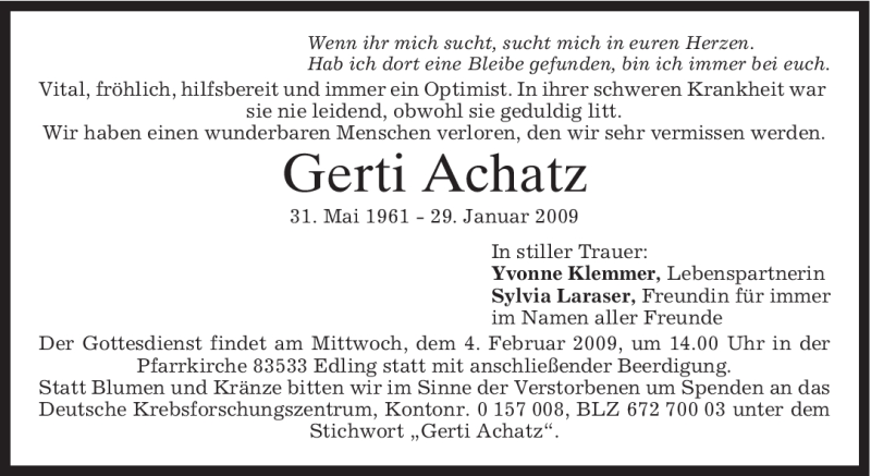  Traueranzeige für Gerti Achatz vom 03.02.2009 aus MERKUR & TZ