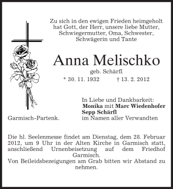 Traueranzeige von Anna Melischko von MERKUR & TZ