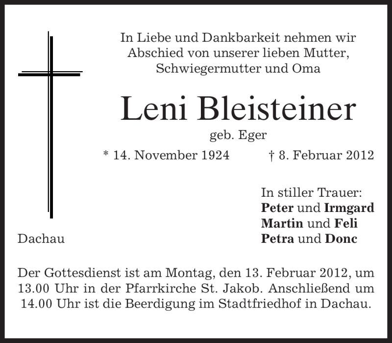  Traueranzeige für Leni Bleisteiner vom 10.02.2012 aus MERKUR & TZ