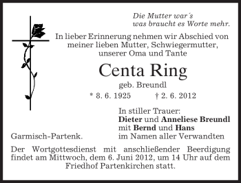 Traueranzeige von Centa Ring von MERKUR & TZ