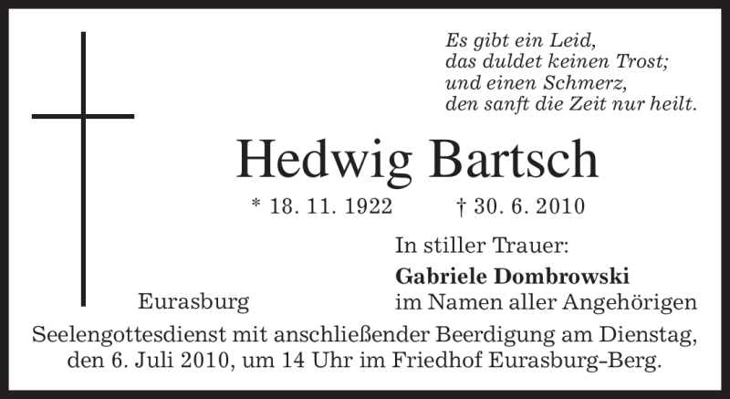  Traueranzeige für Hedwig Bartsch vom 03.07.2010 aus MERKUR & TZ