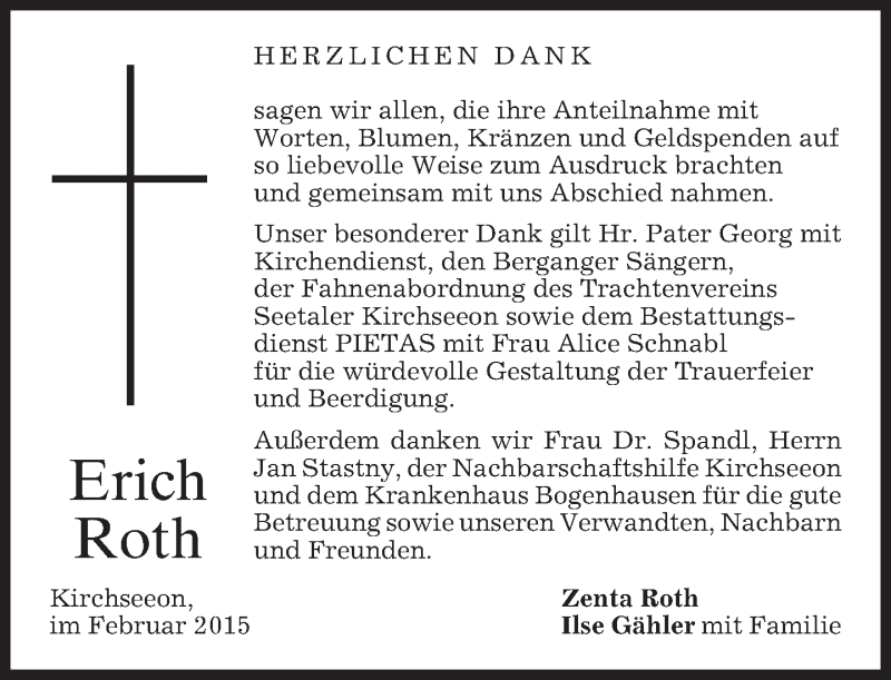  Traueranzeige für Erich Roth vom 14.02.2015 aus merkurtz