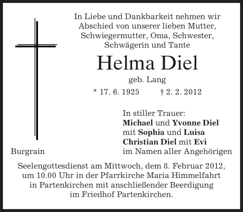  Traueranzeige für Helma Diel vom 06.02.2012 aus MERKUR & TZ