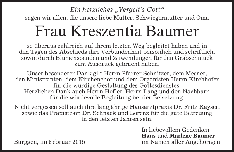  Traueranzeige für Kreszentia Baumer vom 21.02.2015 aus merkurtz