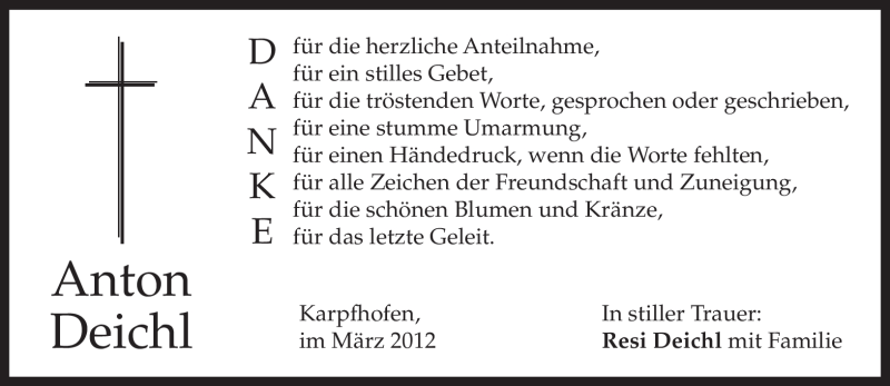  Traueranzeige für Anton Deichl vom 10.03.2012 aus MERKUR & TZ
