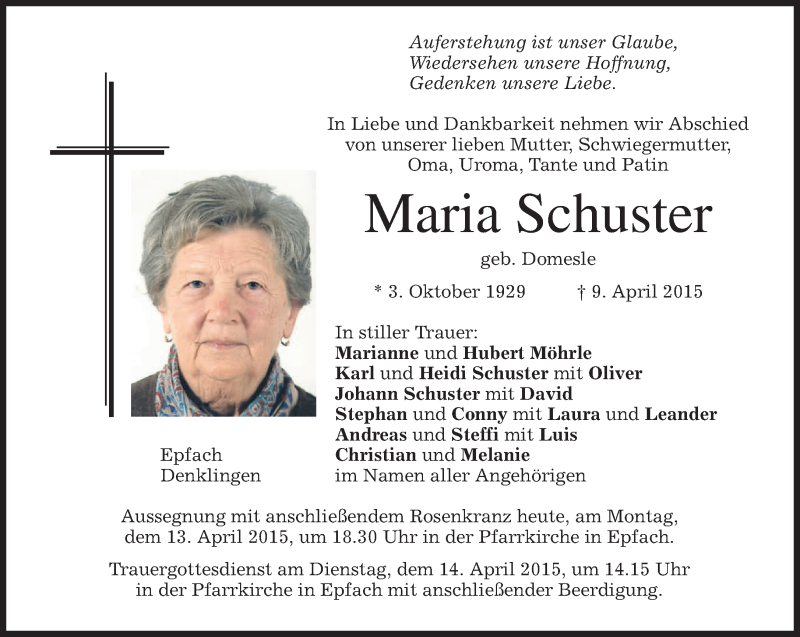 Traueranzeigen Von Maria Schuster Trauer Merkur De