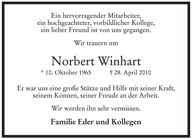  Traueranzeige für Norbert Winhart vom 30.04.2010 aus MERKUR & TZ