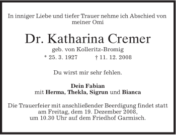 Traueranzeige von Katharina Cremer von MERKUR & TZ