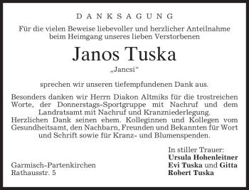 Traueranzeige von Janos Tuska von MERKUR & TZ