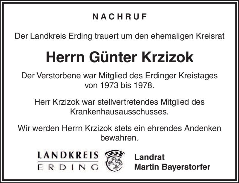  Traueranzeige für Günter Krzizok vom 17.11.2009 aus MERKUR & TZ