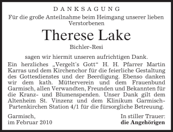 Traueranzeige von Therese Lake von MERKUR & TZ