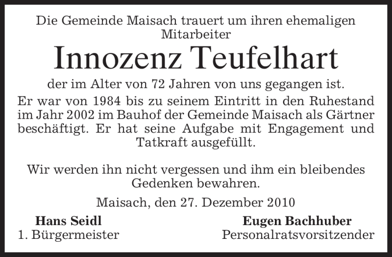  Traueranzeige für Innozenz Teufelhart vom 27.12.2010 aus MERKUR & TZ