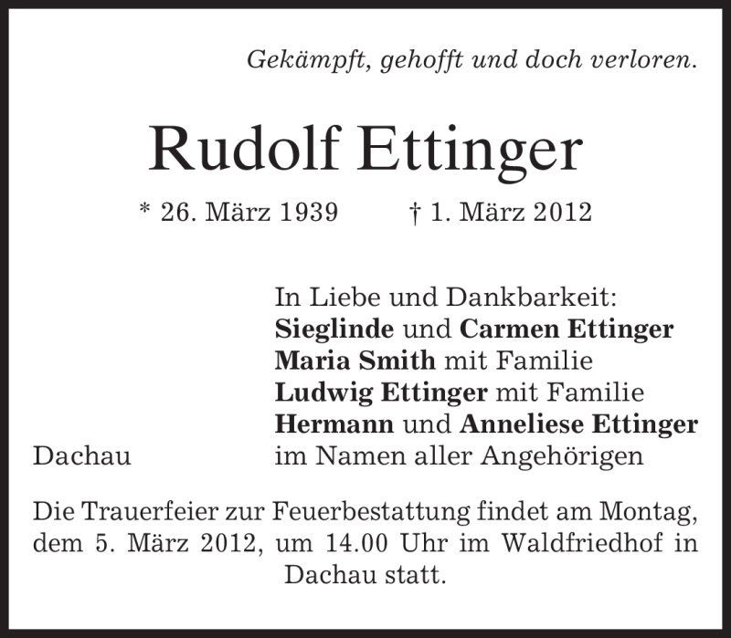  Traueranzeige für Rudolf Ettinger vom 03.03.2012 aus MERKUR & TZ