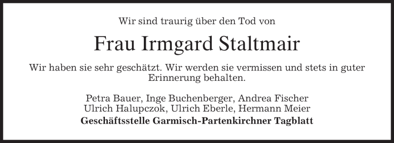 Traueranzeige für Irmgard Staltmair vom 01.04.2011 aus MERKUR & TZ