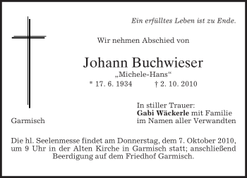 Traueranzeige von Johann Buchwieser von MERKUR & TZ