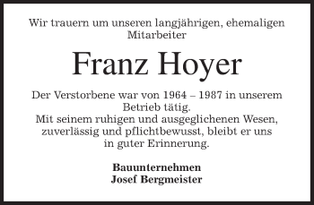 Traueranzeige von Franz Hoyer von merkurtz