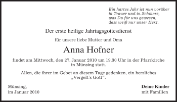 Traueranzeige von Anna Hofner von MERKUR & TZ