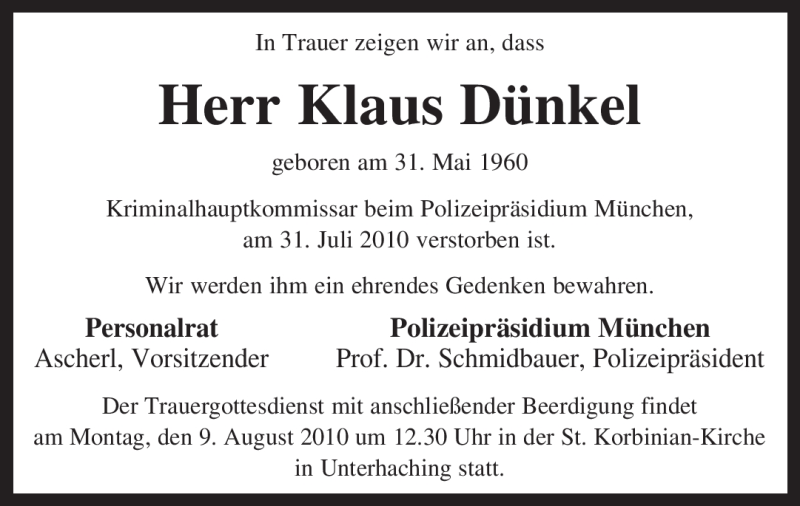  Traueranzeige für Klaus Dünkel vom 06.08.2010 aus MERKUR & TZ