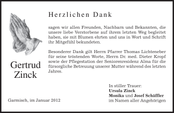 Traueranzeige von Gertrud Zinck von MERKUR & TZ